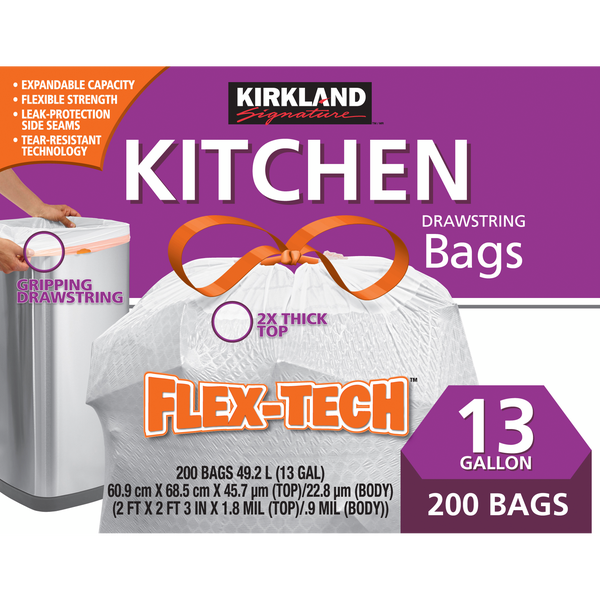 Kirkland Signature Kitchen Drawstring Trash Bags, Flex-Tech, White, 13 Gallon, 200 ct