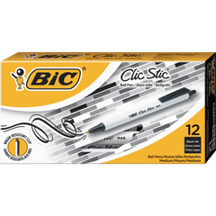 BIC Clic Stic Retractable Ballpoint Pen, Medium Point 1.0mm, Black Ink, 12 ct