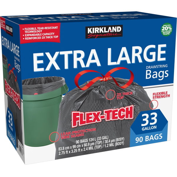 Kirkland Signature Extra Large Drawstring Trash Bags, Flex-Tech, 20% PCR, Black, 33 Gallon, 90 ct