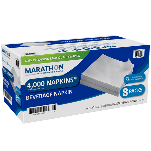 Marathon Beverage Napkins, 1-Ply, White, 4000 ct