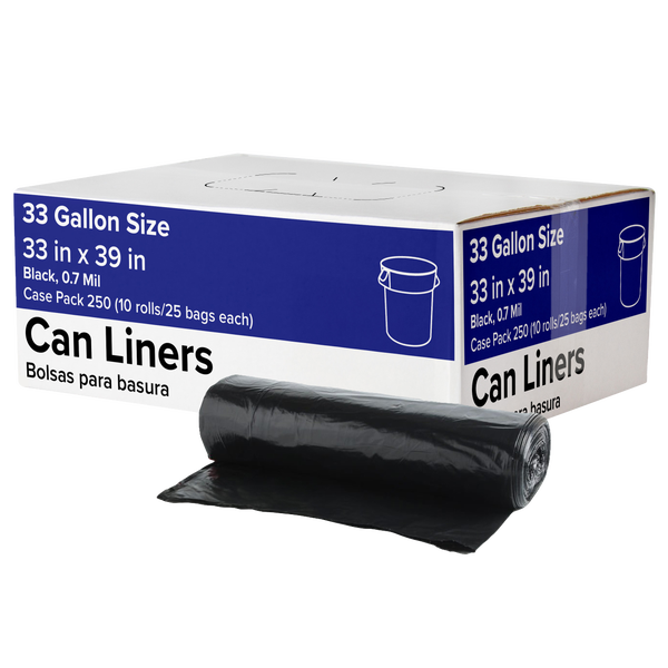 Trash Can Liners, 33 Gallon, 0.7 mil, Black, 250 ct