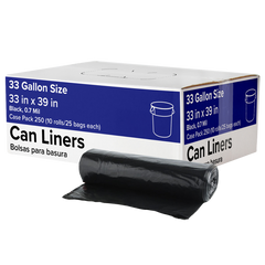 Trash Can Liners, 33 Gallon, 0.7 mil, Black, 250 ct