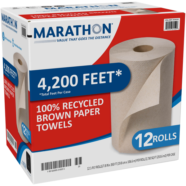 Marathon Recycled Dispenser Roll Towels, 1-Ply, Non-perforated, Brown, 12 ct