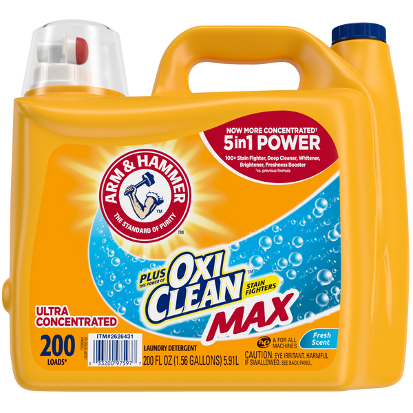 Arm & Hammer Liquid Laundry Detergent, Plus OXI Clean Max, Ultra Concentrated, HE Compatible, Fresh Scent, 200 fl oz