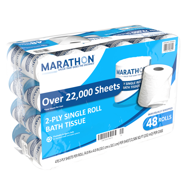 Marathon Bath Tissue, Standard Roll, 2-Ply, 4" x 4", 470 Sheets, 48 ct